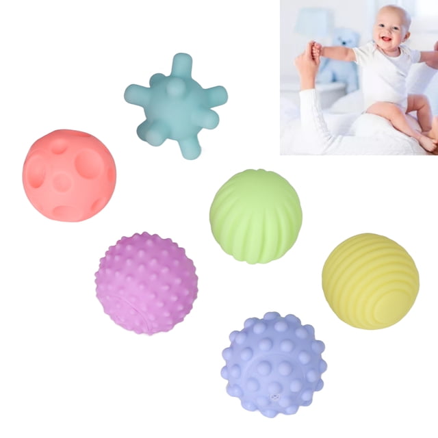 Textured Sensory Ball, 6pcs Baby Textured Ball Set featuring multicoloured soft elastic balls with unique textures and shapes. Designed for infant grasp training and tactile development, these plastic sensory balls promote parent-child interaction. Includes six balls in various colours and textures, ideal for home use.