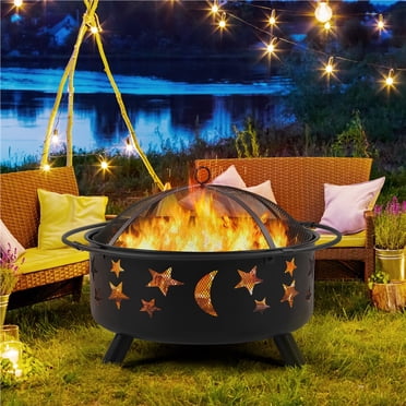 Yaheetech Round Fire Pit with Stars Moons Pattern, Black
