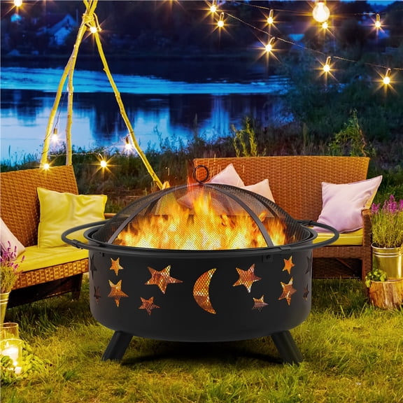 Yaheetech Round Fire Pit with Stars Moons Pattern, Black