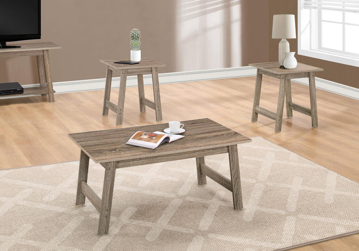 Monarch Specialties Ensemble De Table, Ensemble 3pcs, Café, Bout, Côté, Accent, Salon, Stratifié, Brun, Transitionnel