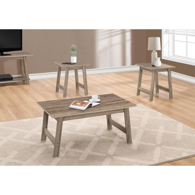 Monarch Specialties table set, 3pcs set featuring a rectangular coffee table and two square end tables in brown laminate wood-look finish, placed on a beige patterned rug over light wood flooring in a living room, one end table holds a lamp and vase, the other a small cactus in a white pot, coffee table displays a magazine and white cup, ideal for small spaces and versatile living room furniture.