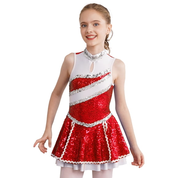 XUNZOO Kids Girls Sequins Cheerleading Uniform Cheer Leader Costume Sleeveless Zipper Back Performance Dance Dress Dancewear Red 14