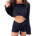 thumbnail image 2 of Gupgi 2Pcs Women Knit Outfits, Solid Color'Stripe Off Shoulder Crop Tops + Elastic Waist Shorts Set, 2 of 7