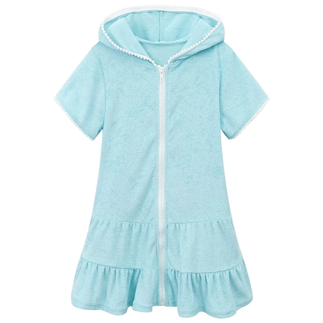 sertiohcv Robes pour Filles Robe pour Tout-Petits Robe Confortable pour Filles à Capuche à Manches Courtes Robe de Plage Cache-Maillot pour Filles Bleu Ciel Taille pour 3-4 Ans