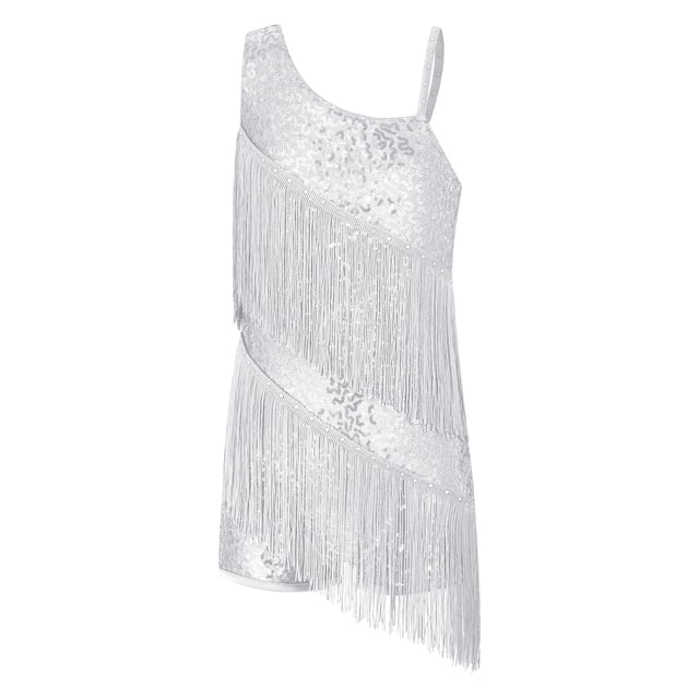 Ocealan Robe de Danse Latine pour Filles Sequins Jazz Moderne Fête d'Anniversaire Jupe à Franges Blanc 16