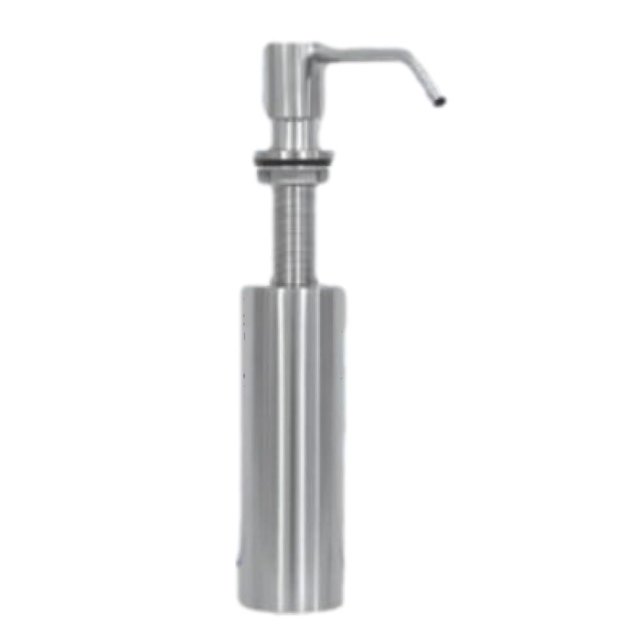 American Imaginations 2.13-in. W Kitchen Sink Soap Dispenser AI-34888 in stainless steel finish, featuring a modern cylindrical pump for above-counter installation on 1-hole faucets, ideal for kitchen or bathroom countertops.