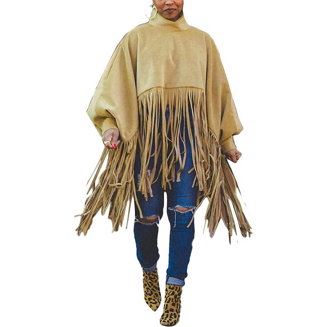 Haut à Franges à Col Montant à Manches Longues pour Femmes, Grande Taille, Poncho à Franges