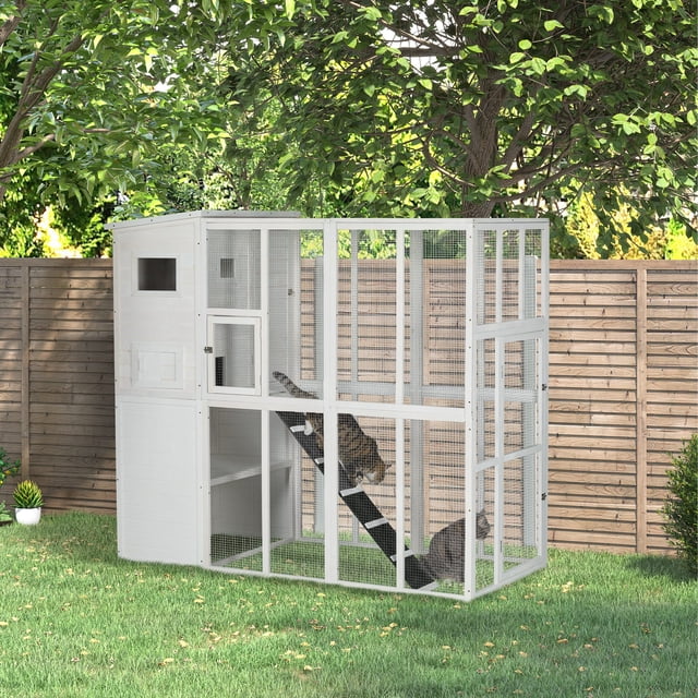 PawHut Large Wooden Outdoor Cat House With Large Run For Play, White