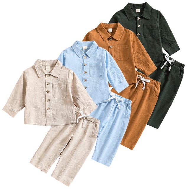 KYAIGUO Toddler Baby Boys Cotton Linen Button down Shirt Pants Set 2PCS Long Sleeve Solid Color Tops Drawstring Pants Set for 6M-4T