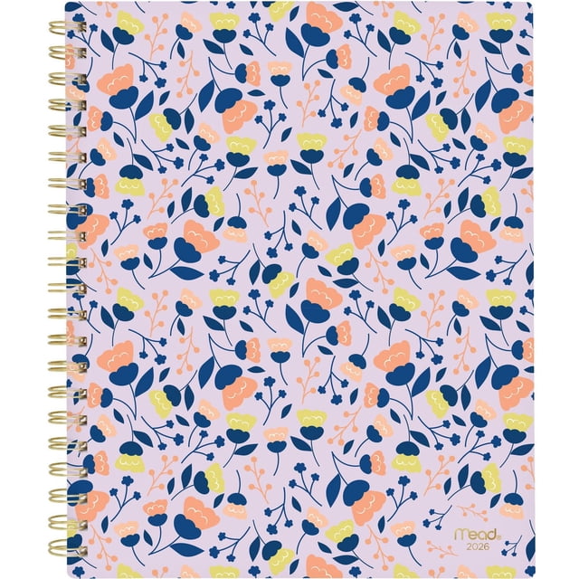 2026 Mead® Floral Leaves Large Weekly Hard Cover Planner, bilingual floral hard-cover planner with twin coil binding; covers Oct 2025–Dec 2026 plus three extra monthly spreads, 15 tabbed months, two-page weekly and monthly layouts with notes and shaded weekends, 8-1/2" x 11". Also suitable for project notes or travel itineraries.