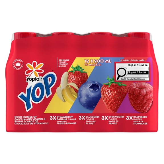 Yoplait Yop Yogourt à Boire 1 %, Fraise, Bleuet, Framboise, et Fraise Banane, Boissons au Yogourt