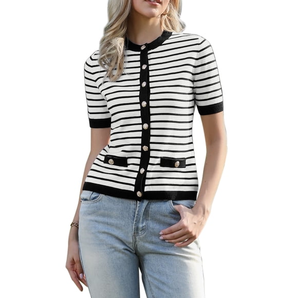 Striped Cardigan for Women's Short Sleeve Button Down Knitted Sweater Casual Crew Neck Tops L Black White Stripe