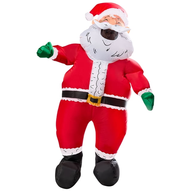 Rubies Santa Claus Inflatable Costume for Adults featuring a red nylon suit with white trim, black belt with yellow buckle, green mittened hands, and black boot-style foot covers, equipped with a built-in battery-operated fan for inflation, suitable for holiday and themed parties.