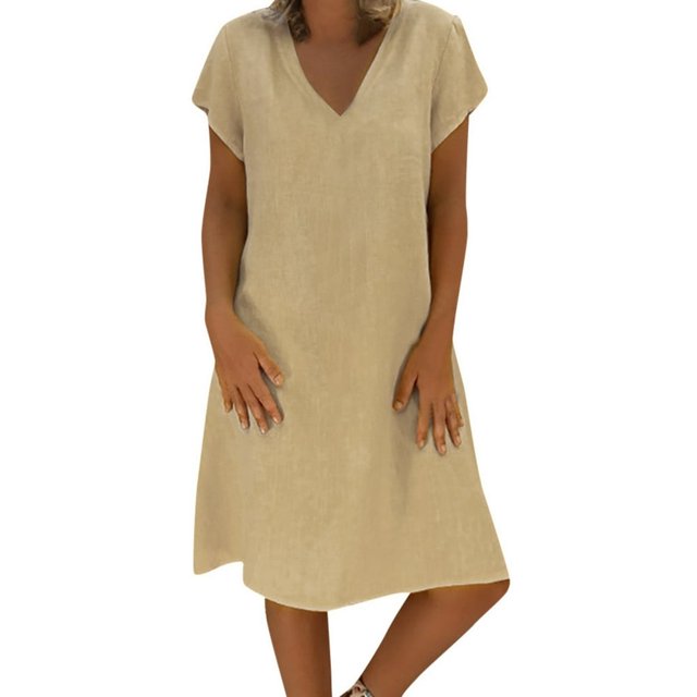 CHUANK Robes en Lin pour Femmes Été Grande Taille Manches Courtes Col en V Longueur Genou Robe Ample Décontractée Confortable Robe de Plage Soldes de Liquidation 2024