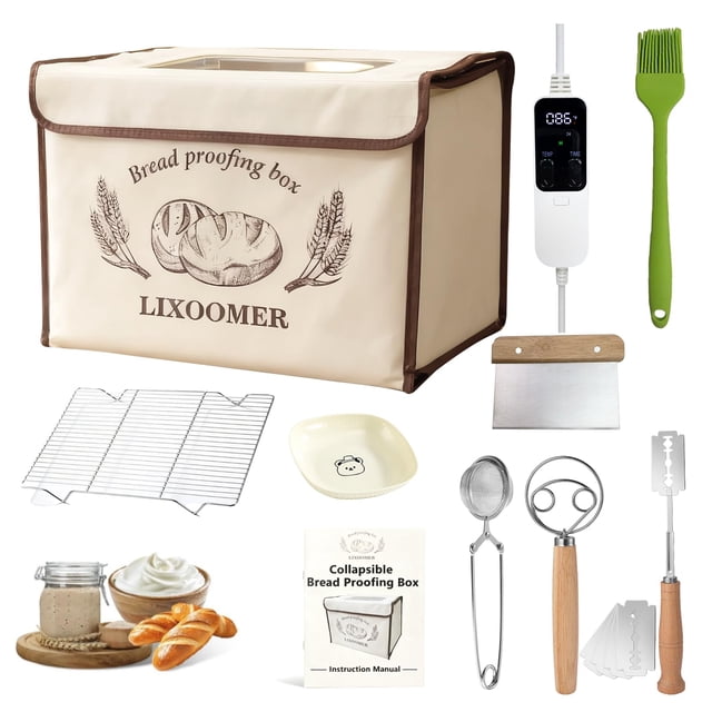 LIXOOMER Collapsible Bread Proofing Box with 68-115°F Temp Control & 48H Timer, Bread Making Kit with Dough Warming Box, Includes 7 Kitchen Bakin