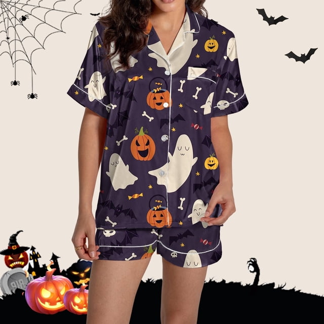 Pyjama pour Femmes en Satin Imprimé Graphique, Mignon, Tenue de Nuit, Boutons, Hauts à Manches Courtes, Ensembles de Shorts