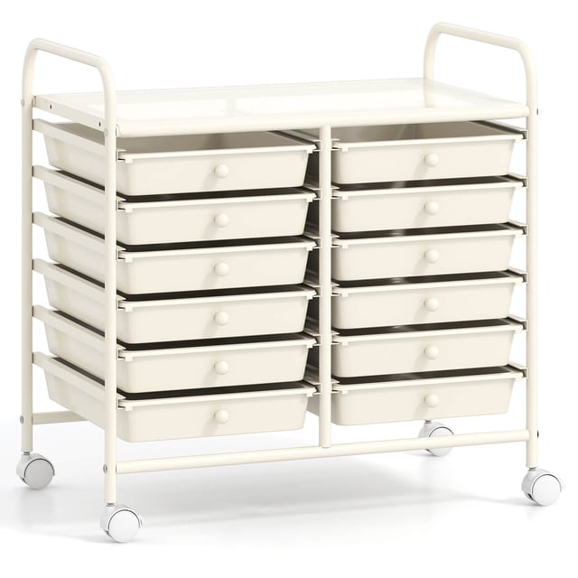 Costway 12 Drawers Rolling Cart Storage Scrapbook Paper Studio Organizer Bins in white. This utility cart features a sturdy metal frame with 12 removable plastic drawers, each with a knob for easy access. The cart includes a top platform for additional storage and is equipped with 4 swivel wheels, 2 of which are lockable, for smooth mobility. Ideal for organizing art supplies, office materials, or tools in home, office, or classroom settings. Dimensions: 25 inches long, 15 inches wide, and 24.5 inches high.