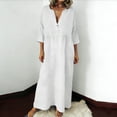 thumbnail image 2 of Xugsiok Robe en Lin pour Femmes à Boutons Manches 3/4 Col Ras du Cou Robe d'Été Couleur Unie Robes Amples Vacances Affaires Entraînement Plage Fluide Plissée Tuniques Robes Maxi d'Été, 2 of 8