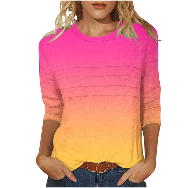 Olyvenn T-Shirts pour Femmes à Manches 3/4 Été 2025, Imprimé Dégradé, Col Rond, Décontracté, Basique, Coupe Tunique, Blouse, Rose Vif, P