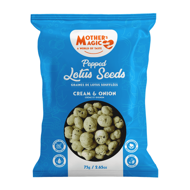 MOM LS CREAM & ON cream and onion flavored popped lotus seeds by Mother's Magic in a blue bag with white and orange text, showing roasted, light, airy lotus seeds with black seasoning flakes, gluten-free, no MSG, and zero cholesterol, 75g (2.65oz) savory Indian snack suitable for guilt-free cravings