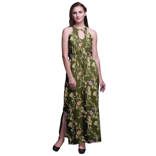 Bimba Robe Longue de Soirée à Col Rond Imprimée avec Fentes Latérales pour Femmes - Très Petit