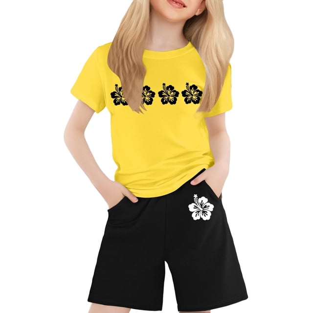 GDREDA Ensemble de Mini Pantalons T-Shirt Imprimé à Col Rond et Manches Courtes pour Enfants Garçons et Filles Jaune, 8-9 Ans