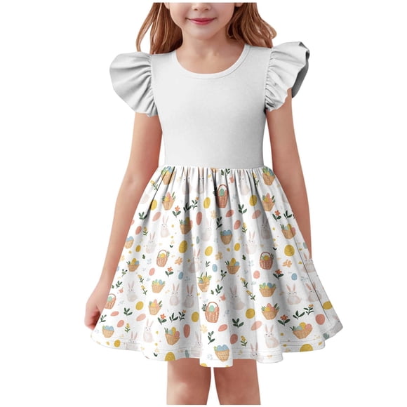 SBYOJLPB Dress for Children Printed Flying Sleeve Sundress with Round Neck Design Girls Spring and Summer Short Sleeve Dress