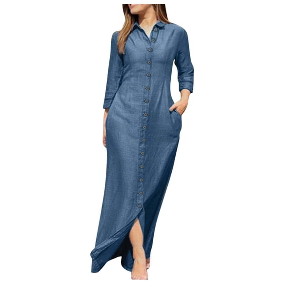 FAVIPT Vacation Dresses for Women 2025 3/4 Sleeve V Neck Lapel Maxi Dress Button Down Plain Denim Dresses Ankle Length Summer Dress with Pockets Light Blue,XL
