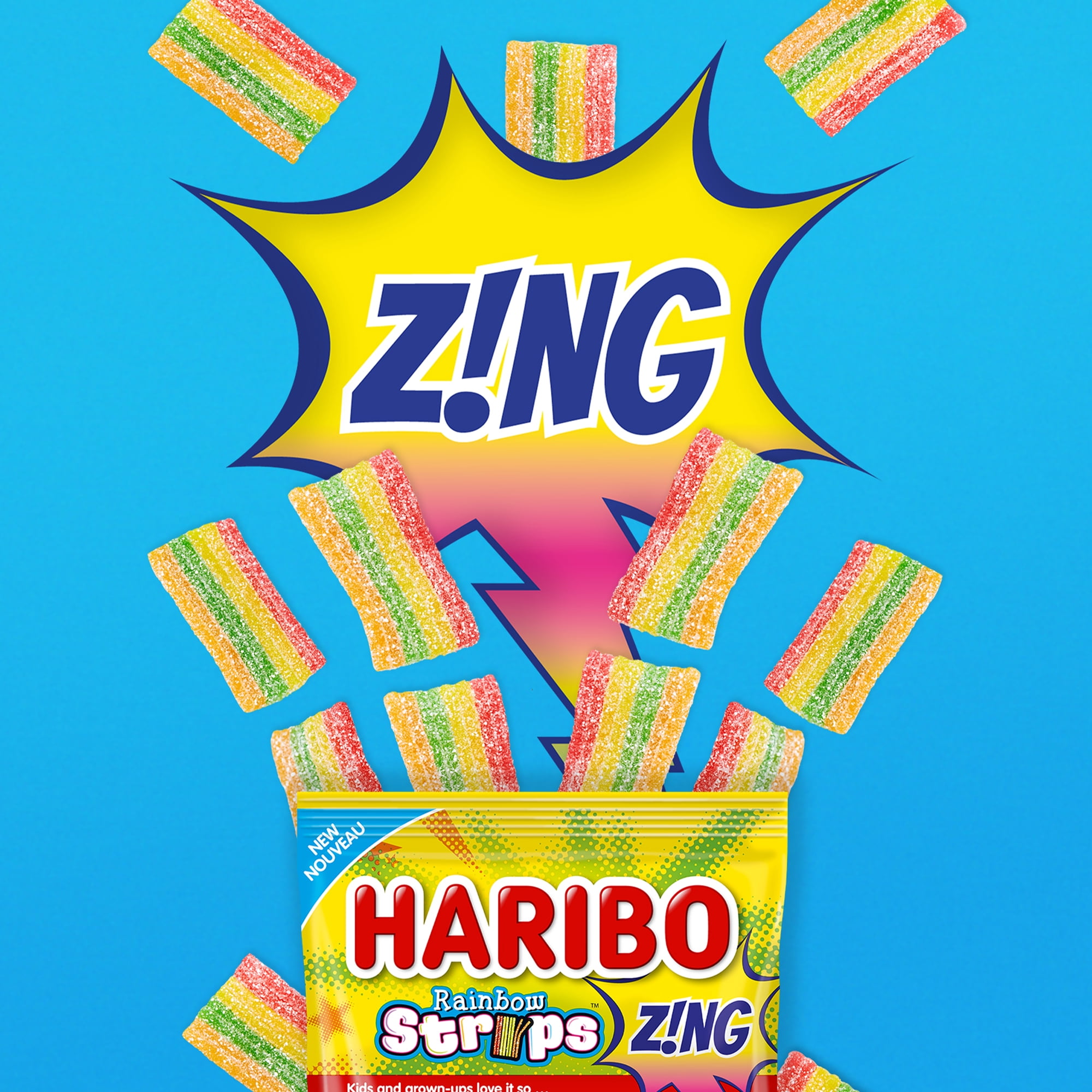 Bonbons gélifiés acidulés Bandes arc-en-ciel Z!NG Haribo 170g, sans colorants artificiels