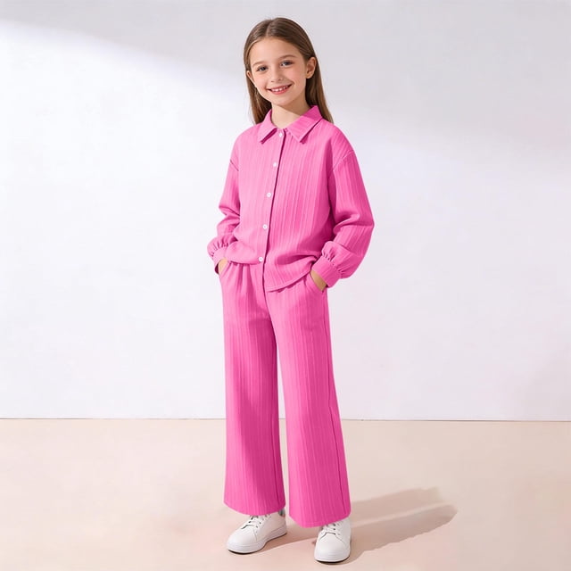 EGNMCR Long Sleeve Turndown Collar Set Children's Solid Color Long Sleeve Turn-Down Collar Button-Up Top With Elastic Waist And Pockets And Pants Set Girl polyester set