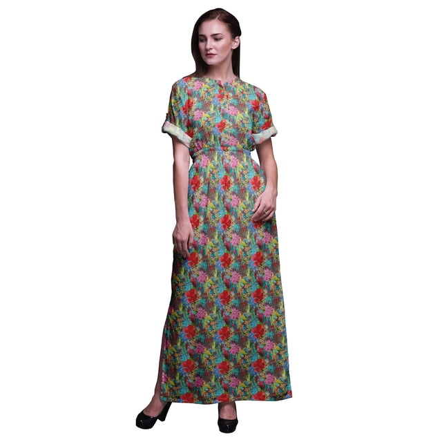Bimba Robe Longue pour Femmes en Rayonne à Feuilles Tropicales et Fleurs, Style Bohème, Plage, Cocktail, Fête, Maxi, Fendue - Grande