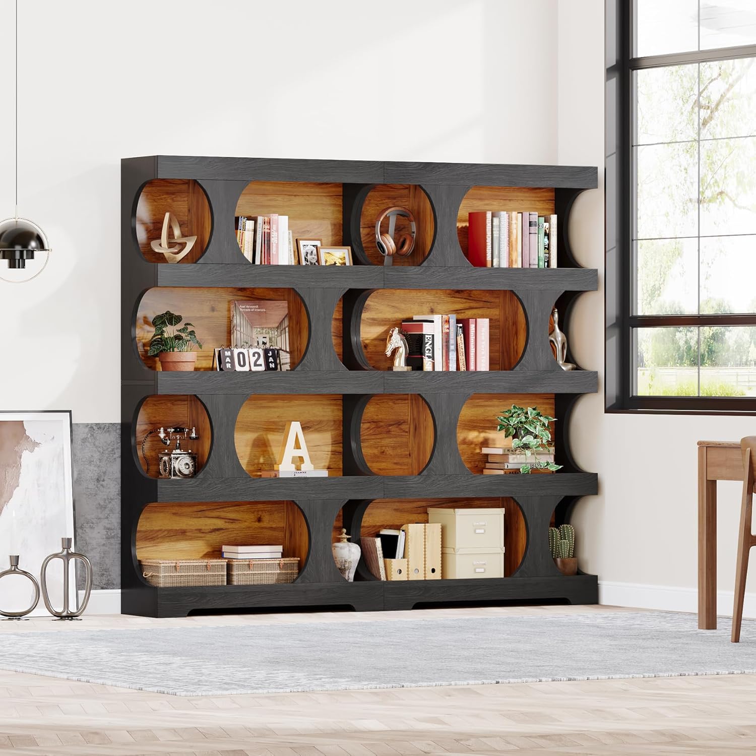 Bibliothèque Haute à 4 Niveaux, 71 Pouces en Forme de S, Étagère de Rangement Décorative en Bois