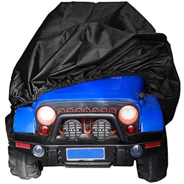 Kids Ride-On Toy Car Cover in black, designed for outdoor protection of children's electric vehicles. The cover measures 55 inches by 33 inches by 32 inches and features a waterproof, windproof, and dustproof design. Suitable as an ATV cover or protective car cover, the image shows the cover partially draped over a blue ride-on toy car, highlighting its universal fit and durable material.