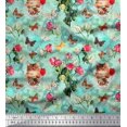 thumbnail image 1 of Soimoi Blue Polyester Crepe Fabric Cat,Insect & Rose Buds Flower Decor Fabric Printed BTY 42 Inch Wide, 1 of 3