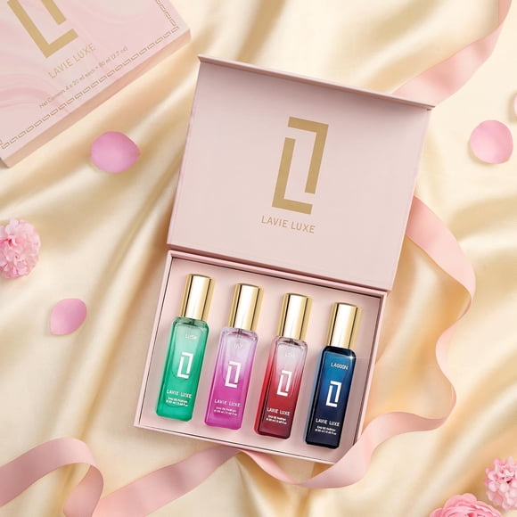 Lavie Luxe Ensemble Eau de Parfum Discovery pour Femmes, Lot de 4 X 20 ml - 0,67 Fl Oz Chacun / Coffret-Cadeau Portable pour Filles - avec des Notes de Lys, Mandarine, Orange et Bergamote / Parfums Lush+ Lily+ Love Lagoon