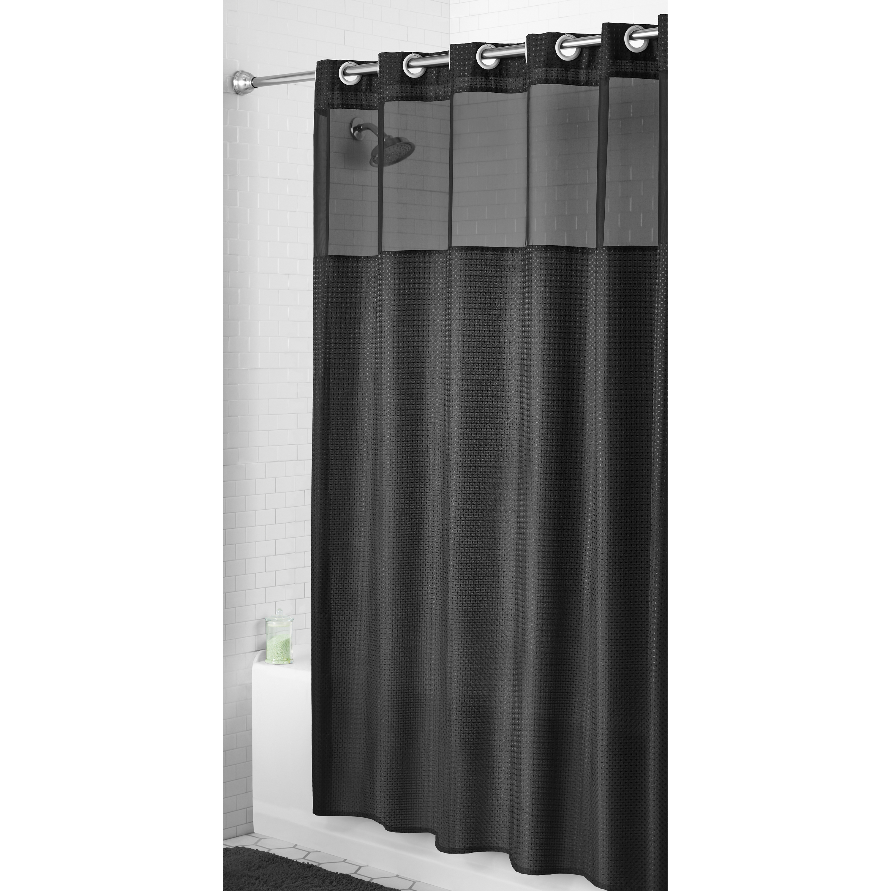 Mainstays Gemma Easy Hang Fabric Shower Curtain with View and Built-in Rings, 70" x 74", Black