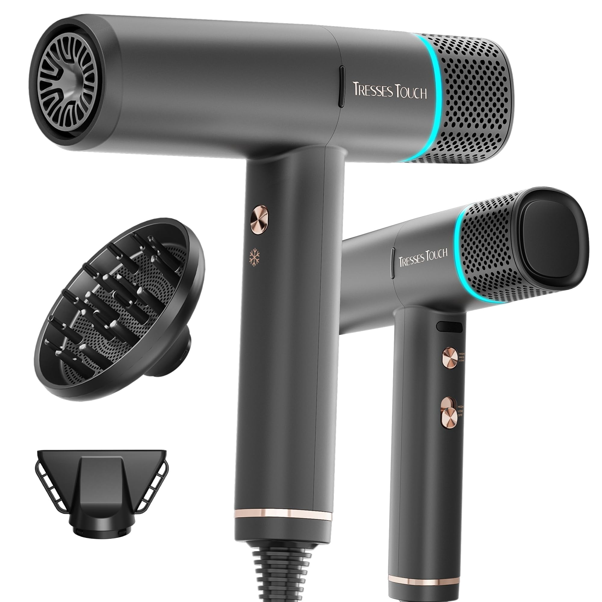 Tresses Touch Hair Blow Dryer 150000 RPM, 200 Million Negative Ionic Blow Professional Hair Dryer with Diffuser, 3 Temps/2 Speeds, 6.56 Ft Cord Fast