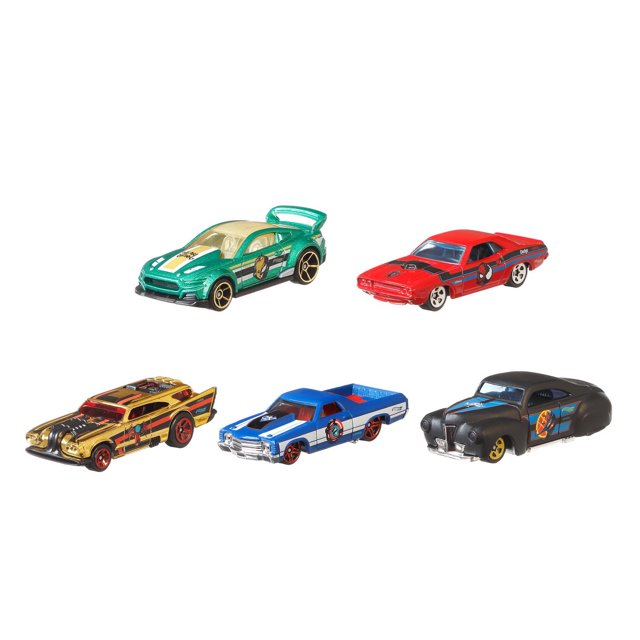Hot Wheels collection de Véhicules de Divertissement à Thème à l'Échelle 1:64, Lot de 10 Présentant Cinq Voitures Jouets à Thème Marvel : une Ford Mustang Verte avec des Rayures de Course Blanches, une Dodge Challenger Rouge avec des accents Noirs et Bleus, un pickup gold Jack Hammer avec des Roues Rouges, un pickup El Camino Bleu avec des Rayures Blanches, et un Dragger à Queue Noire avec des Graphiques Bleus et orange, Chacun avec des logos de culture pop sous Licence sur les Côtés, Convient aux Collectionneurs et aux fans de Véhicules de culture pop.