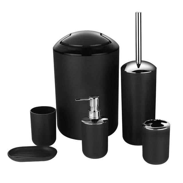 Bathroom Accessories Set with Trash Can, a 6-piece black set featuring a soap dispenser pump, toothbrush holder, toilet brush, trash can, tumbler, and soap dish. Made of eco-friendly PP plastic, this modern countertop bathroom accessories set is ideal for bathrooms, hotels, or as a housewarming gift.