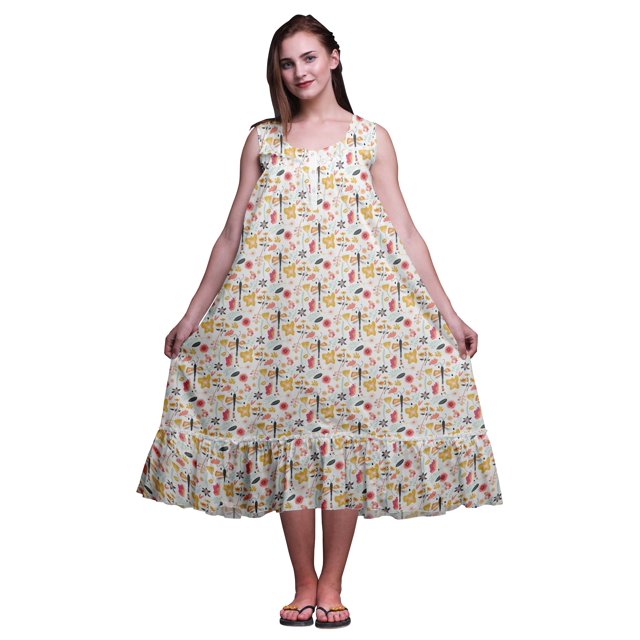 Bimba White36 Floral Artistique Libellule et Imprimé Chemises de Nuit en Coton pour Femmes Robe Sans Manches Tenue de Nuit Robe Maxi Très Grande