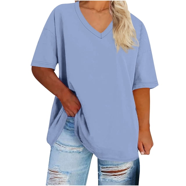 Moxiu Summer Short Sleeve Women's Plus Size V Neck Tees Casual Loose Fit Solid Color Oversized Basic Tunic Tops Light Blue,XXXXL