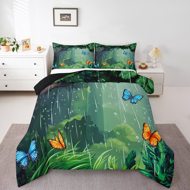 Erosebridal Ensembles de Literie Papillon Bleu Orange Grand Lit avec Couette, Insert de Couette Feuilles de Jungle Vertes, Réversible 3 Pcs