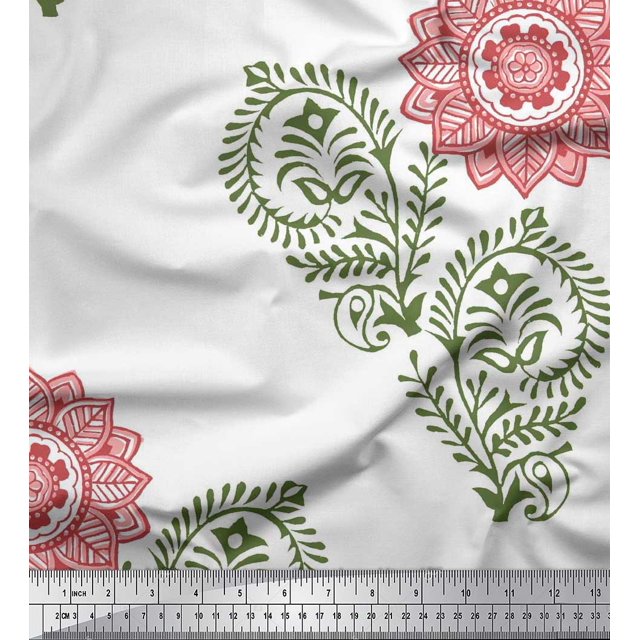 Soimoi Satin Silk Fabric Paisley,Leaves & Floral Mandala Block Print Sewing Fabric Yard 42 Inch Wide
