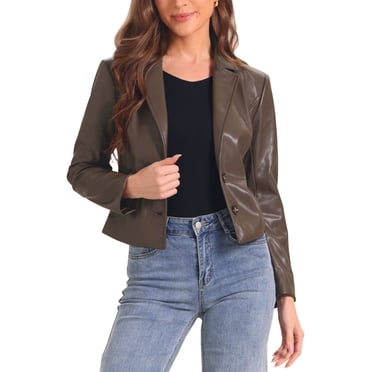 INSPIRE CHIC Women's Jacket Leather Blazer Long Sleeve Notched Lapel Collar Vintage Moto Biker Vegan Pleather Coat S Brown