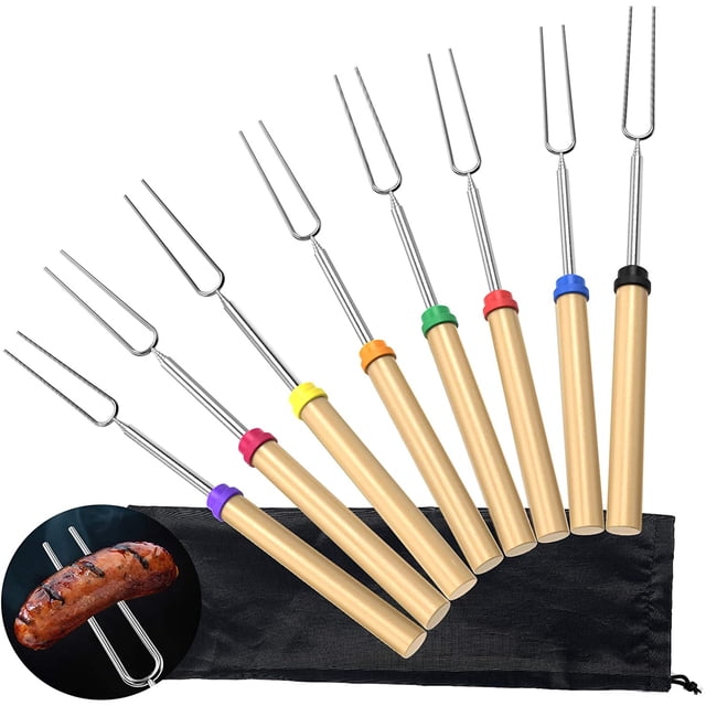 Amerteer 8 Pack Roasting Sticks, Marshmallow Roasting Sticks 32 Inch Extendable Forks Telescoping Smores Sticks for fire pit, Campfire, Camping, Bonfire and Grill