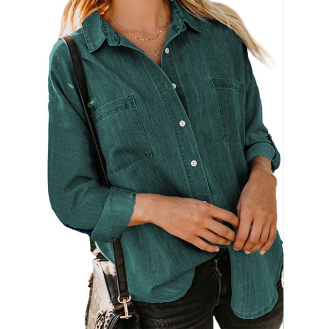 MAWCLOS Ladies Loose Curved Hem Denim Shirts Office With Pockets Tops Blackish Green L