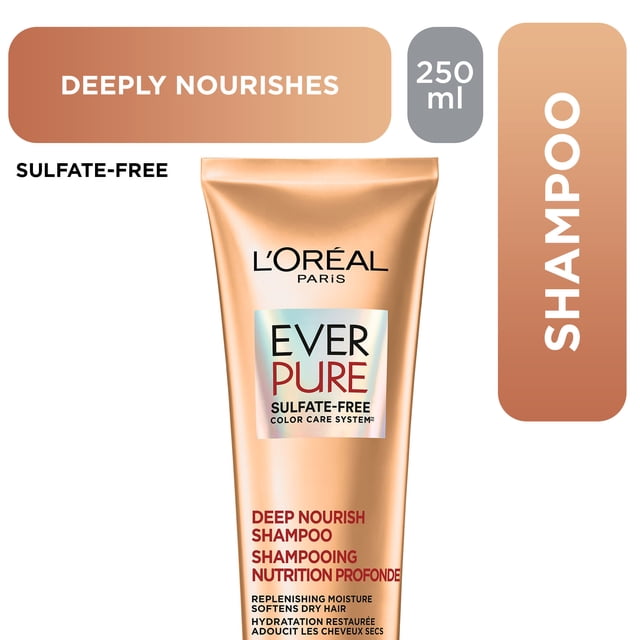 L'Oreal Paris Evercreme Deep Nourish Shampoo 250 ml tube with sulfate-free formula, enriched to deeply nourish and hydrate dry, brittle hair while preserving hair colour, suitable for colour-treated hair care.