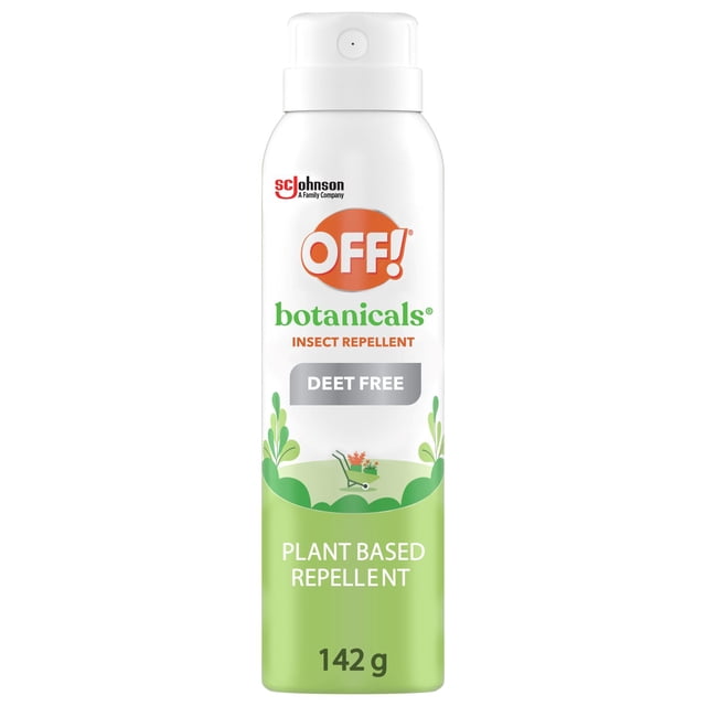 OFF! Botanicals Deet Free Plant-Based Insect and Mosquito Repellent spray can, 142 g, with white top and green bottom featuring botanical design and orange logo, providing natural mosquito and insect protection ideal for outdoor use.