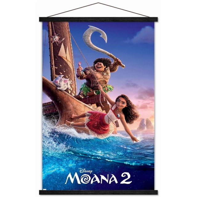 Disney Moana 2 - One Sheet Wall Poster, 22.375" x 34" framed, depicting animated characters on a wooden sailing boat navigating ocean waves at sunset, featuring a large fishhook and tropical island rocks, suitable for vibrant home décor or themed party decoration.