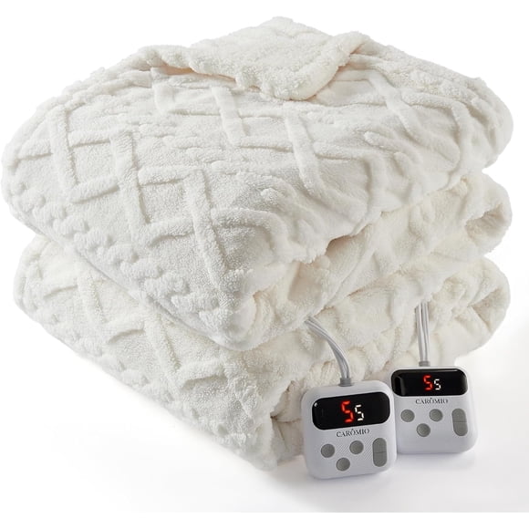 Electric Blanket King Size Dual Control - Thick Tufted Sherpa Heated Blanket King with 6 Heating Levels and 20 Time Settings, Fast Heating Blanket King Size 90"×100", White